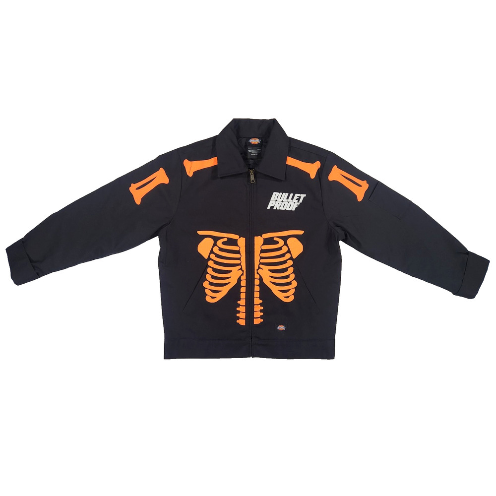 Dickies Bullet Proof Skeleton Jacket Black Orange Workwear Small Short Full Zip
